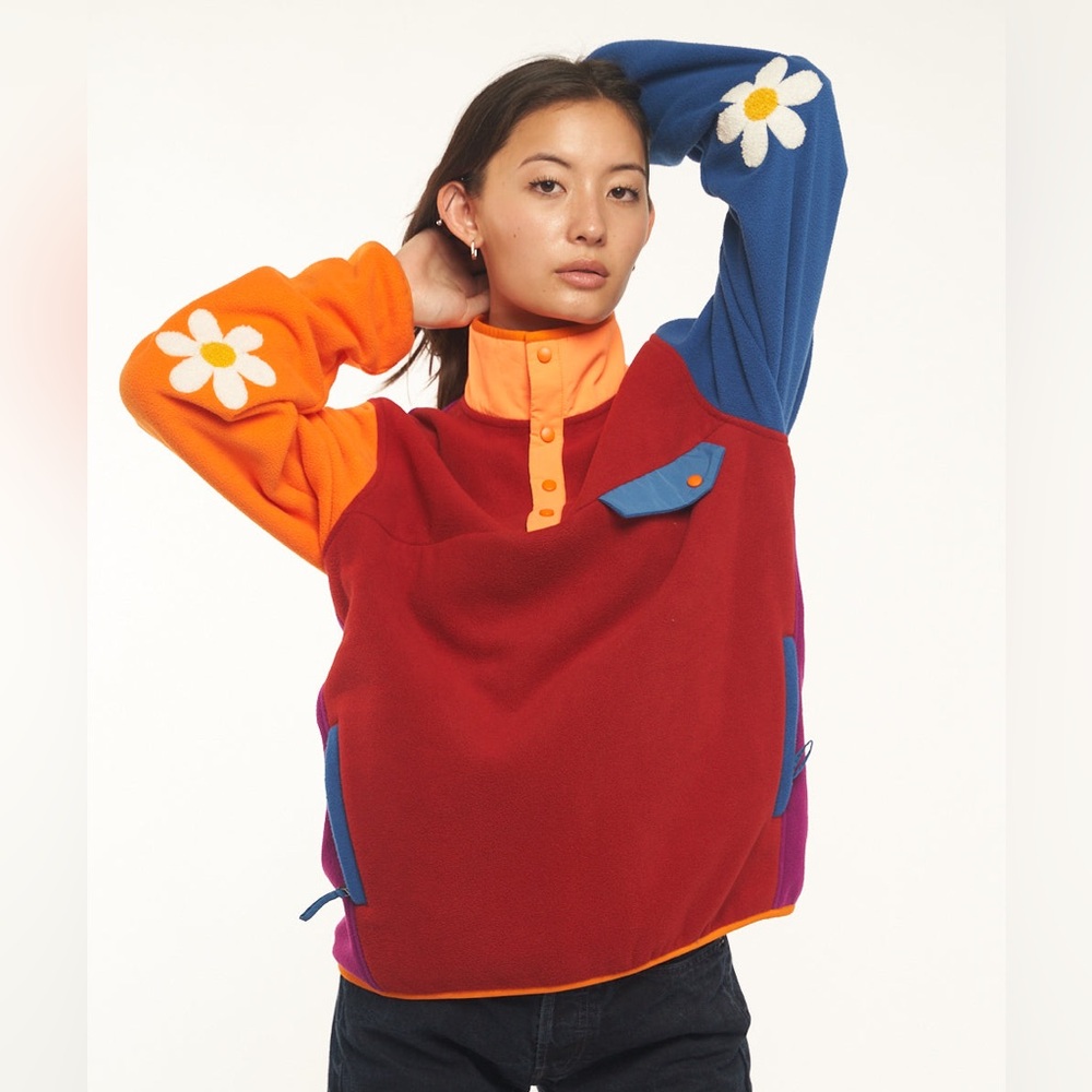Vitai Flashing Lights Colorblock Fleece Pullover w/ Elbow Flowers SZ M Unisex